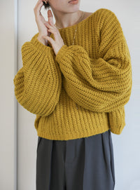 ボートネックボリュームスリーブショートニット【SALE】