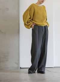 ボートネックボリュームスリーブショートニット【SALE】