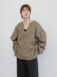 キーネックワッフルトップス