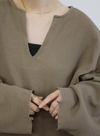 キーネックワッフルトップス