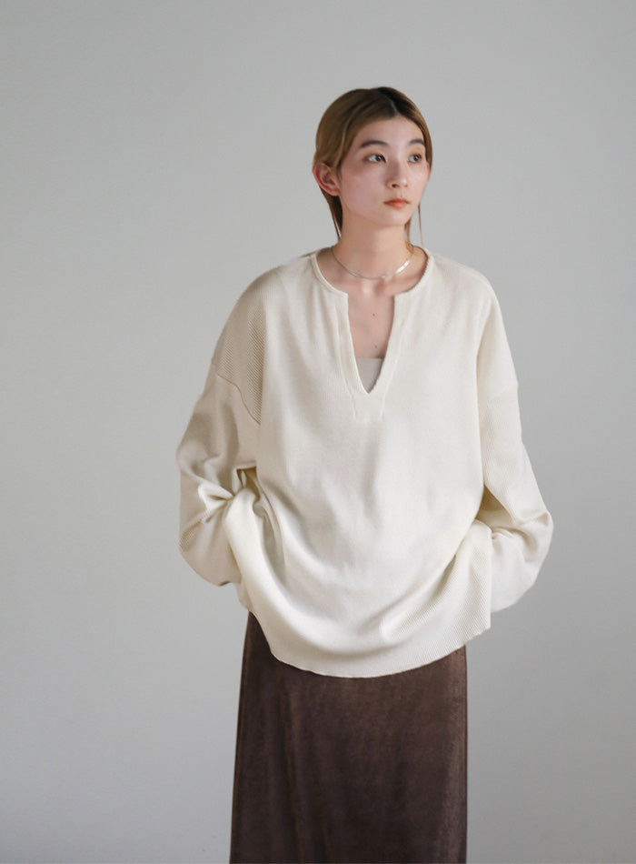 キーネックワッフルトップス