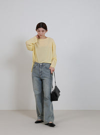 スラブシアークルーネックトップス