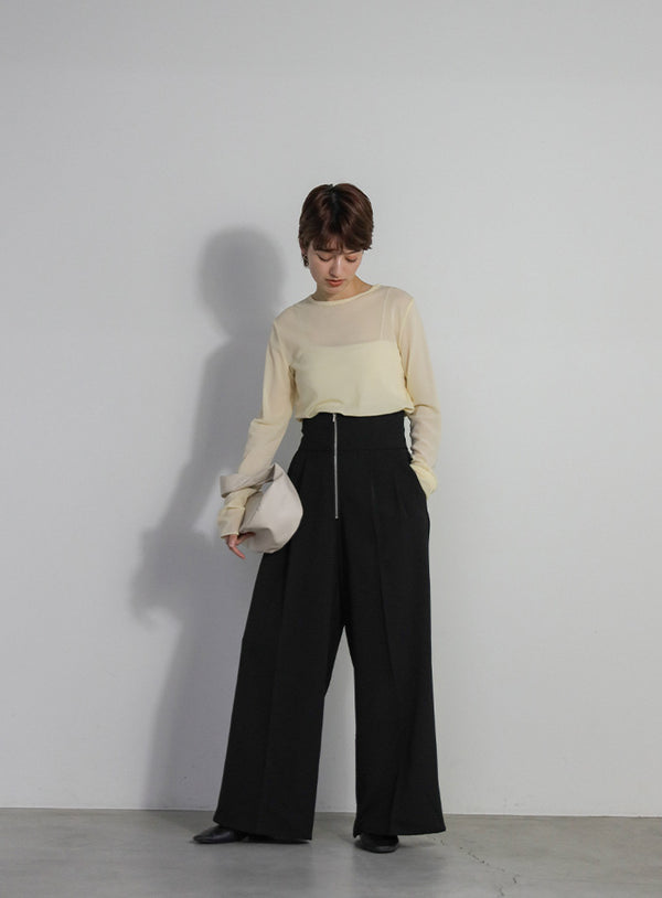 フロントファスナーハイウエストワイドパンツ【SALE】