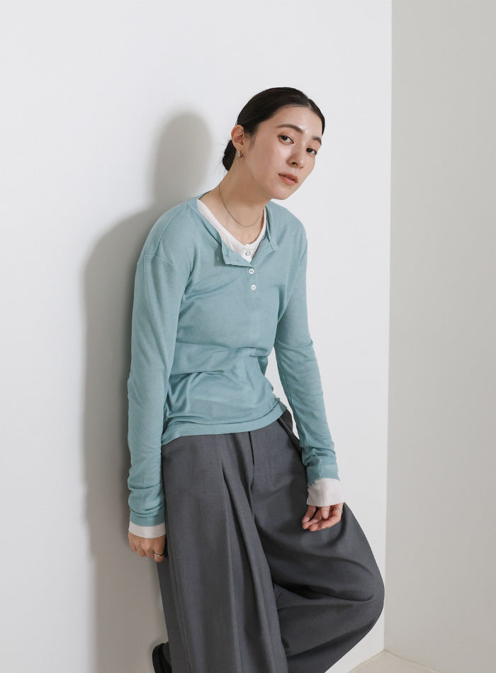 ヘンリーネックフィットロンT aclent アクレント ピグメントヘンリーネックロングTシャツ