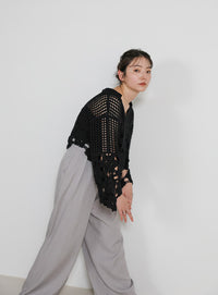 サイドベルトボタンワイドパンツ