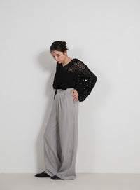 サイドベルトボタンワイドパンツ