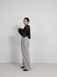 サイドベルトボタンワイドパンツ