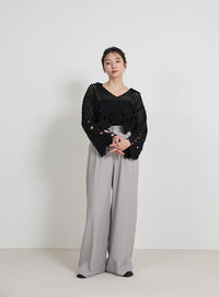 サイドベルトボタンワイドパンツ