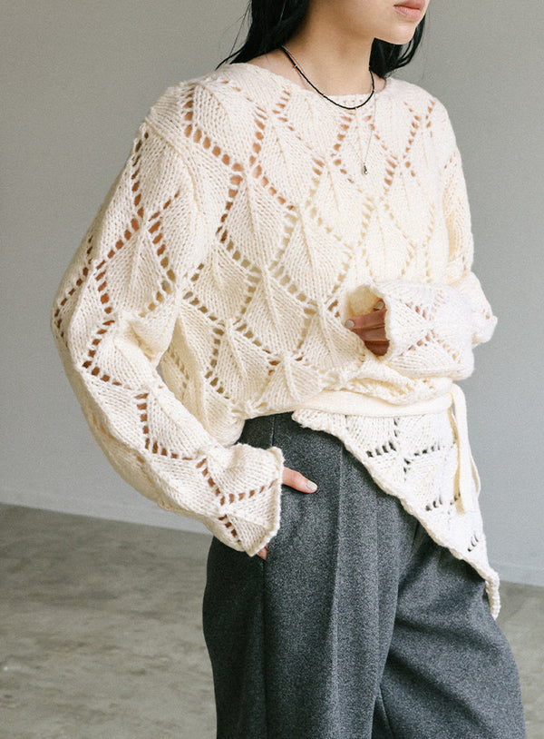 透かし編みクルーネックニットトップス