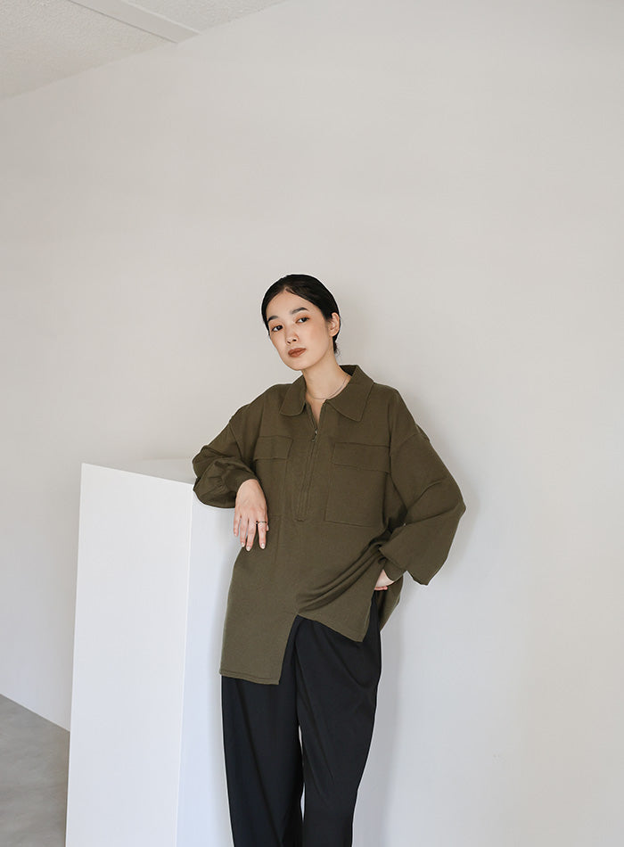【Et】バックシャーリングハーフジップニット