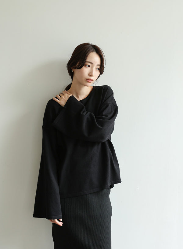 【Et】Flare Sleeve Assorted Border Knit