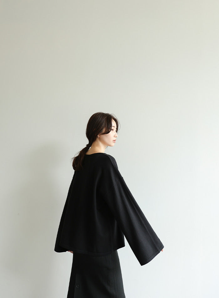 【Et】Flare Sleeve Assorted Border Knit