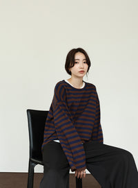 【Et】Flare Sleeve Assorted Border Knit