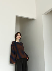 【Et】Flare Sleeve Assorted Border Knit