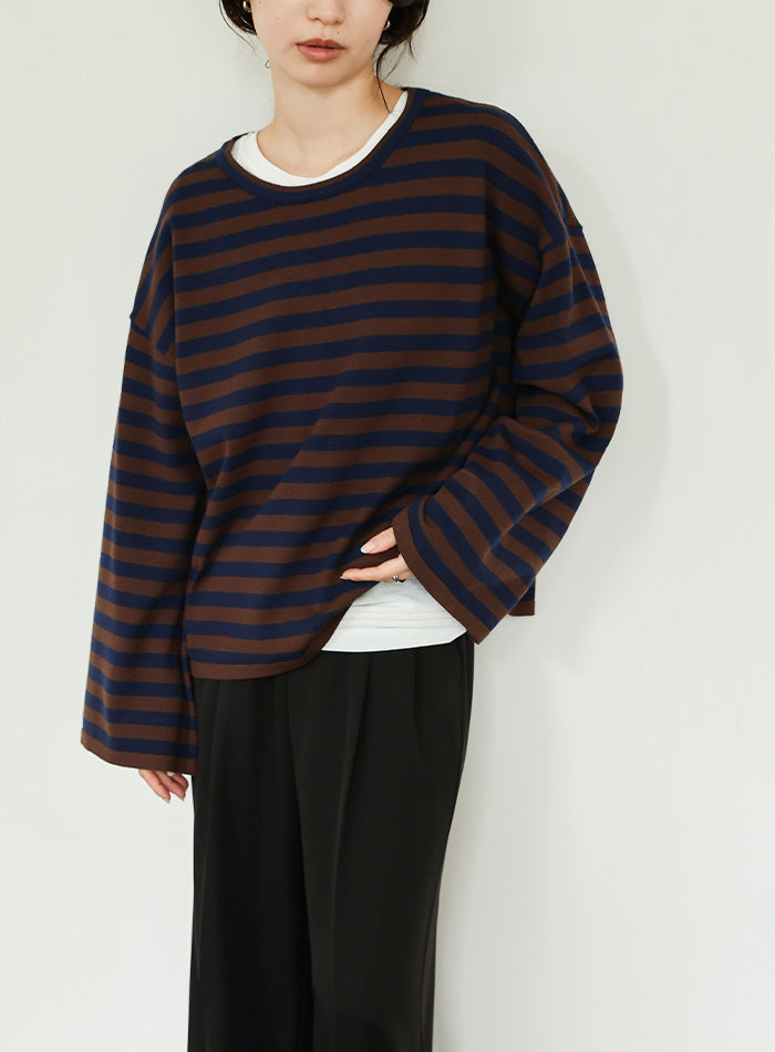 【Et】Flare Sleeve Assorted Border Knit