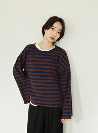 【Et】Flare Sleeve Assorted Border Knit