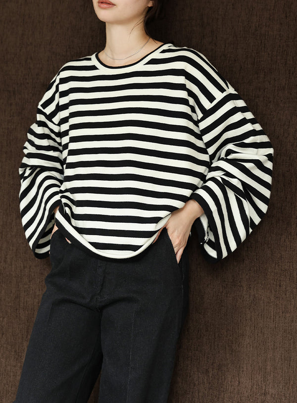 【Et】Flare Sleeve Assorted Border Knit