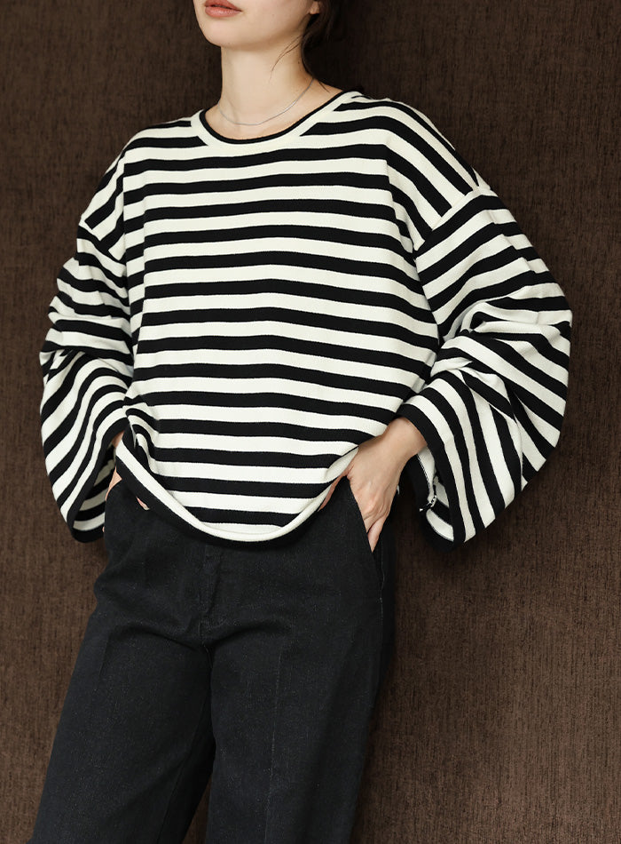 【Et】Flare Sleeve Assorted Border Knit