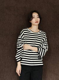 【Et】Flare Sleeve Assorted Border Knit
