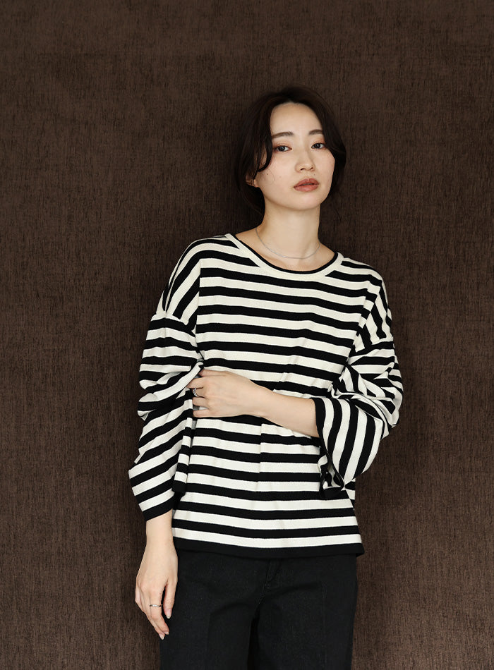【Et】Flare Sleeve Assorted Border Knit