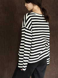【Et】Flare Sleeve Assorted Border Knit