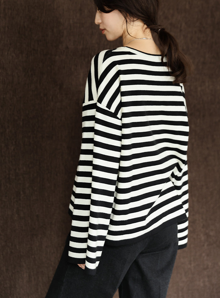【Et】Flare Sleeve Assorted Border Knit