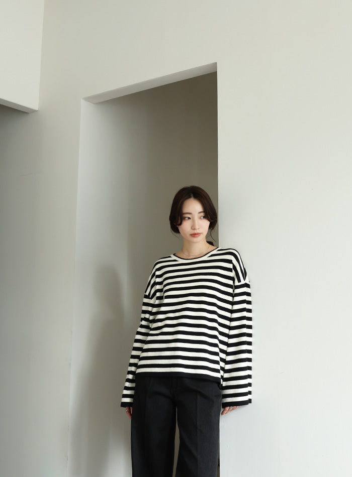 【Et】Flare Sleeve Assorted Border Knit