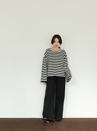 【Et】Flare Sleeve Assorted Border Knit