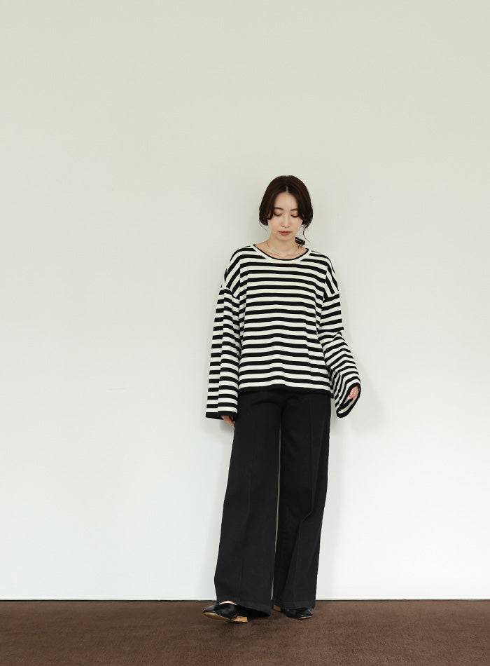 【Et】Flare Sleeve Assorted Border Knit