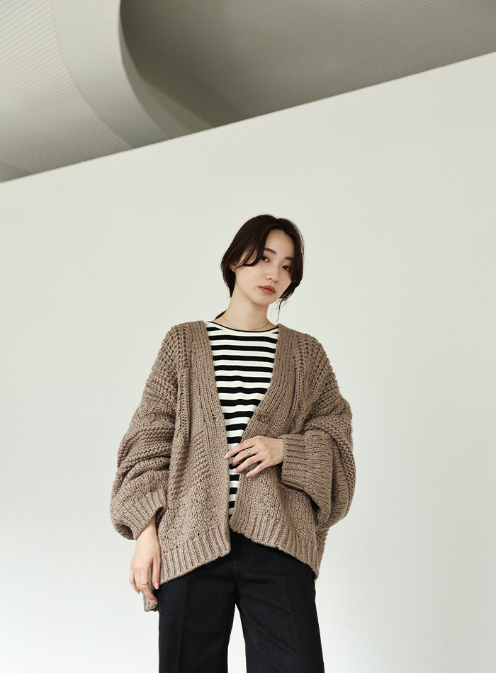 【Et】Flare Sleeve Assorted Border Knit