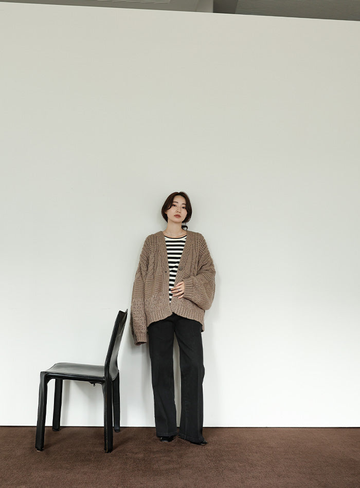 【Et】Flare Sleeve Assorted Border Knit
