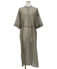 【Et】Half-sleeve Band Collar Sheer Shirt Onepiece