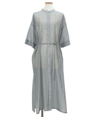 【Et】Half-sleeve Band Collar Sheer Shirt Onepiece