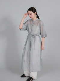 【Et】Half-sleeve Band Collar Sheer Shirt Onepiece