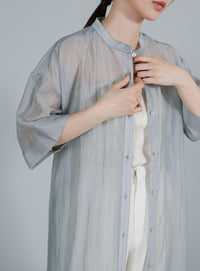【Et】Half-sleeve Band Collar Sheer Shirt Onepiece