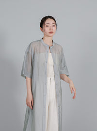 【Et】Half-sleeve Band Collar Sheer Shirt Onepiece