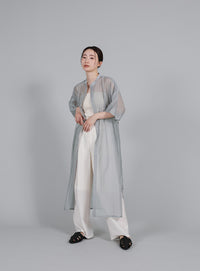 【Et】Half-sleeve Band Collar Sheer Shirt Onepiece