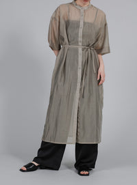 【Et】Half-sleeve Band Collar Sheer Shirt Onepiece