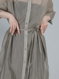 【Et】Half-sleeve Band Collar Sheer Shirt Onepiece