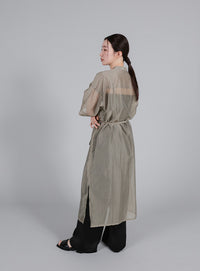 【Et】Half-sleeve Band Collar Sheer Shirt Onepiece