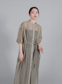 【Et】Half-sleeve Band Collar Sheer Shirt Onepiece