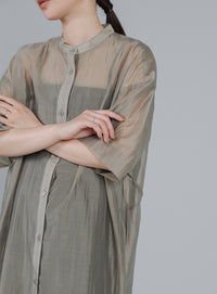 【Et】Half-sleeve Band Collar Sheer Shirt Onepiece