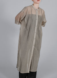【Et】Half-sleeve Band Collar Sheer Shirt Onepiece