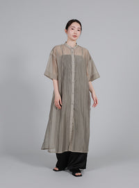 【Et】Half-sleeve Band Collar Sheer Shirt Onepiece