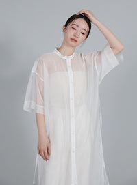 【Et】Half-sleeve Band Collar Sheer Shirt Onepiece