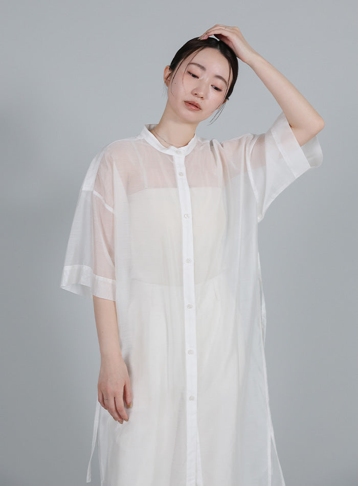 シズニルック bonnae three-quarter sleeve 白 1 Et】Half-sleeve Band Collar Sheer Shirt Onepiece – SELECT MOCA