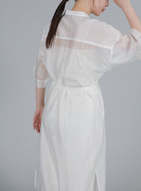 【Et】Half-sleeve Band Collar Sheer Shirt Onepiece