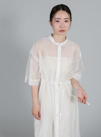 【Et】Half-sleeve Band Collar Sheer Shirt Onepiece