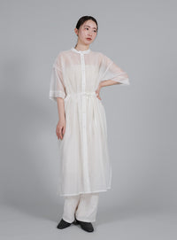 【Et】Half-sleeve Band Collar Sheer Shirt Onepiece