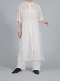 【Et】Half-sleeve Band Collar Sheer Shirt Onepiece